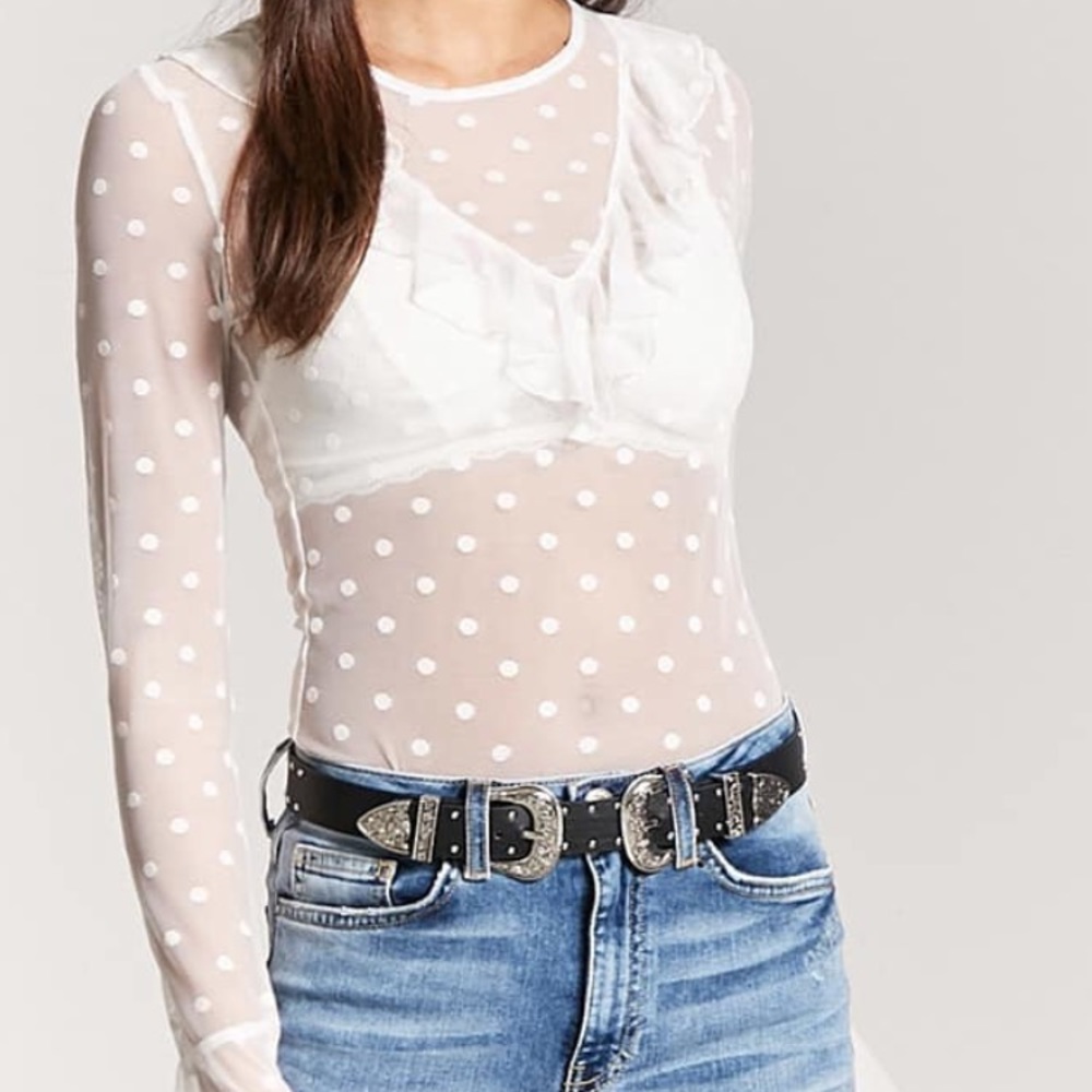Sheer White Polka Dot Ruffle Top